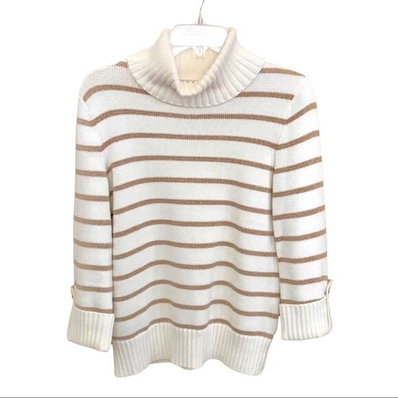 Jones NY Gold Metallic Thread & Ivory Striped Cowl Neck Cozy Sweater - Picture 1 of 4